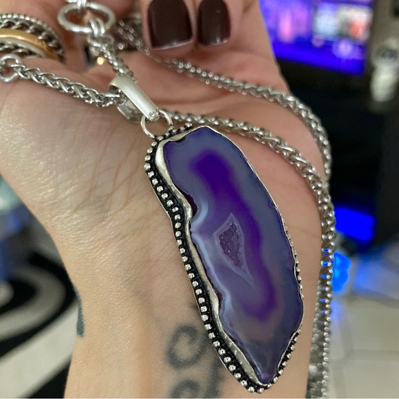 925 sterling silver overlay Purple agate slice gemstone charm boho necklace . - Picture 8 of 16